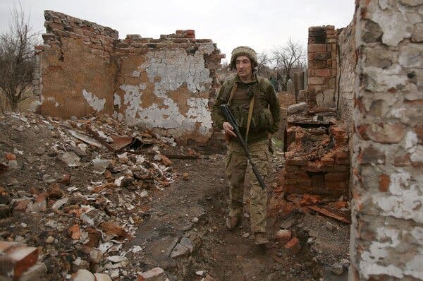 A Ukrainian soldier patrolled near the frontline with Russia-backed separatists in the Donetsk region on Monday.